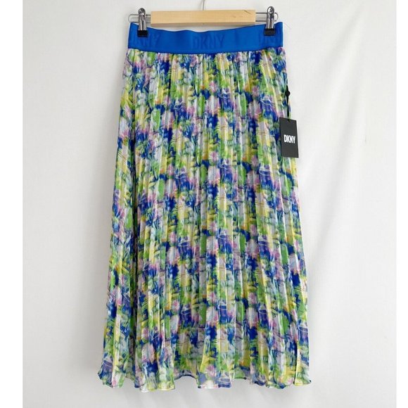 DKNY Womens Floral Printed Pull On Midi Pleated Skirt Logo Waist Band Blue S - Picture 2 of 5